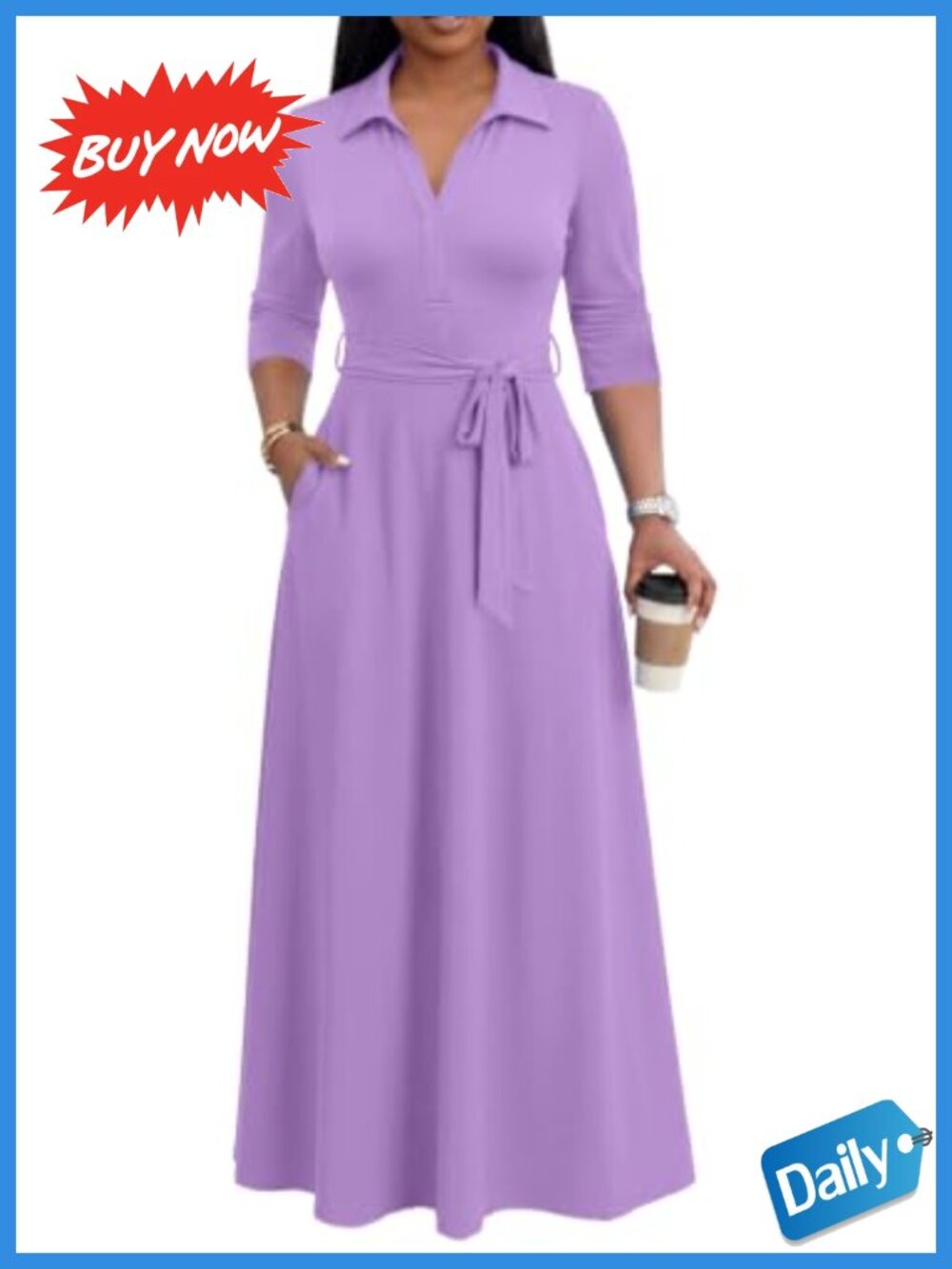 Women's Maxi Dress V Neck 3/4 Sleeve Semi Formal Church Dress with Pockets